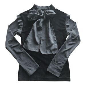 Sophisticated Girls Black Velvet Look Blouse with Collar Bow, Long Sleeved, Wow